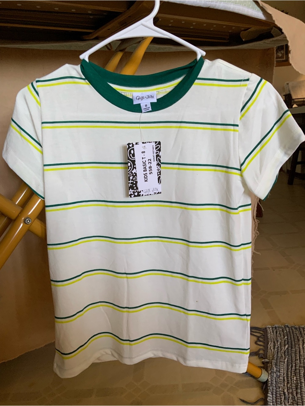 LuLaRoe White Tee with Green and Lime Green Stripes